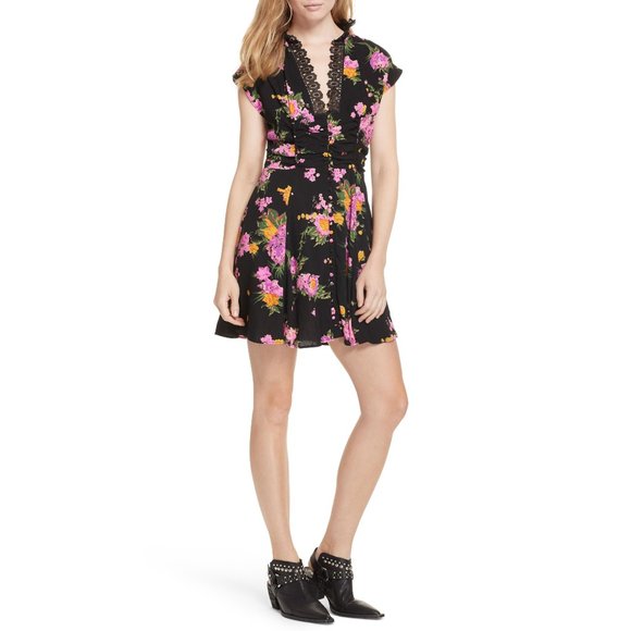 FREE PEOPLE Alora Black Floral Print Mini Dress sz 4 Women's Minidress - Picture 13 of 16